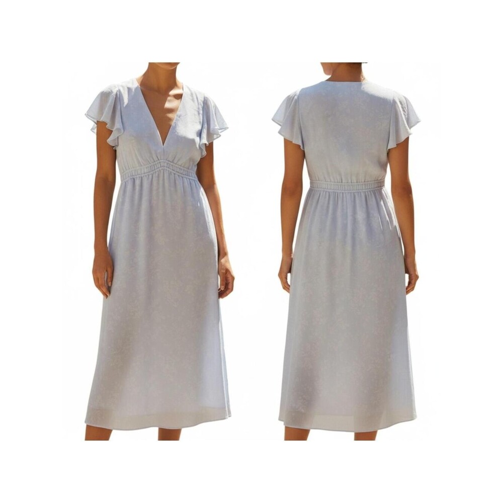 Light Blue Floral Midi Dress Flutter Sleeve V Neck Summer Occasion